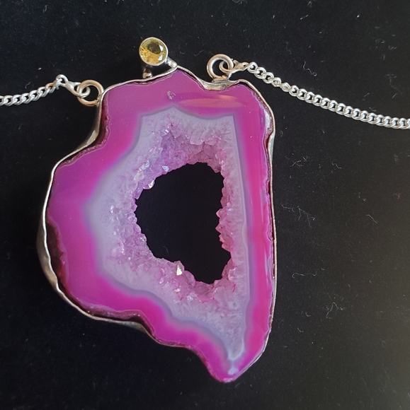 New Pink Agate Druzy & Citrine Silver Necklace. - Picture 3 of 16